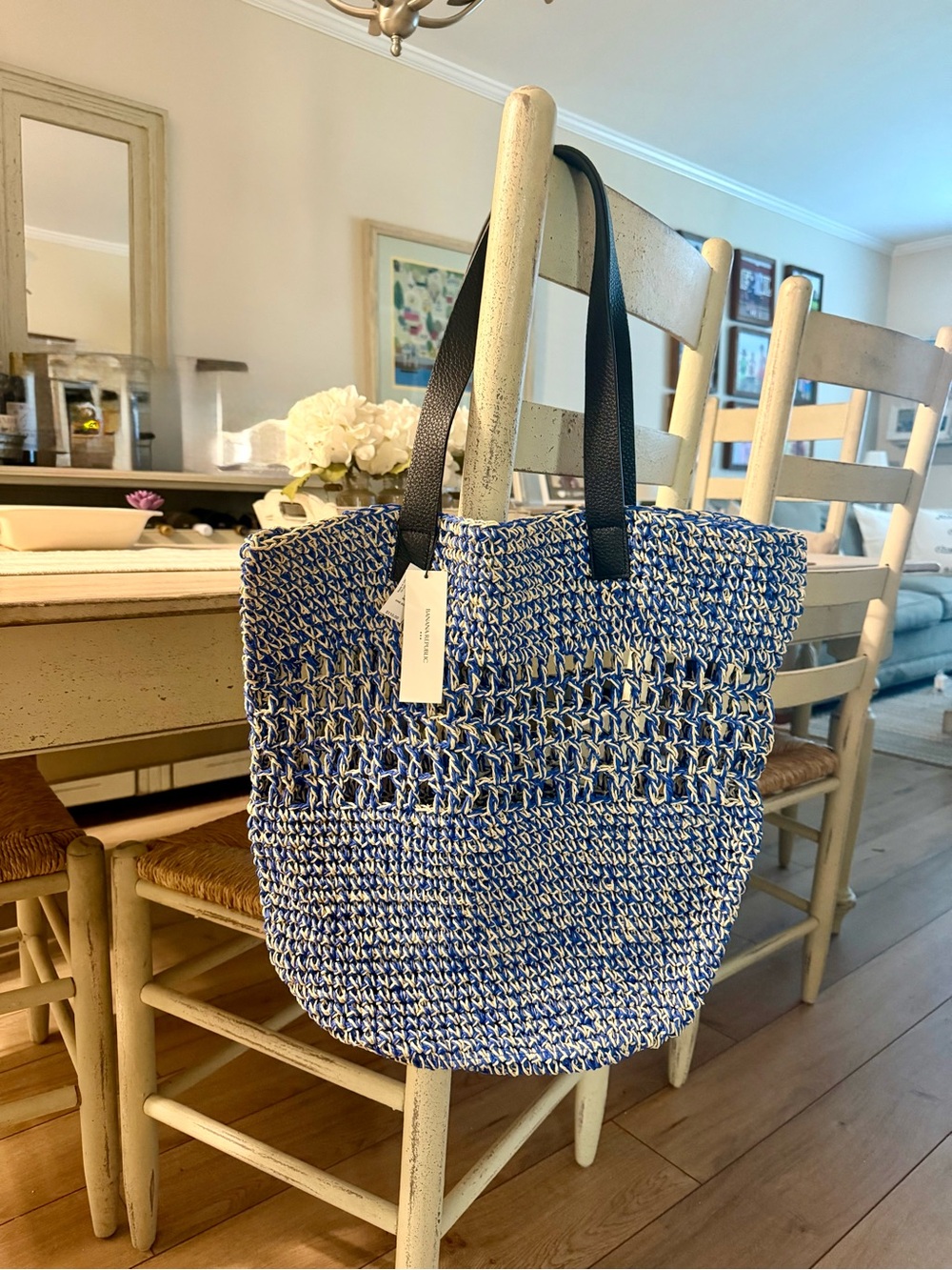 Banana Republic Blue Woven Tote Bag with black handles NWT
